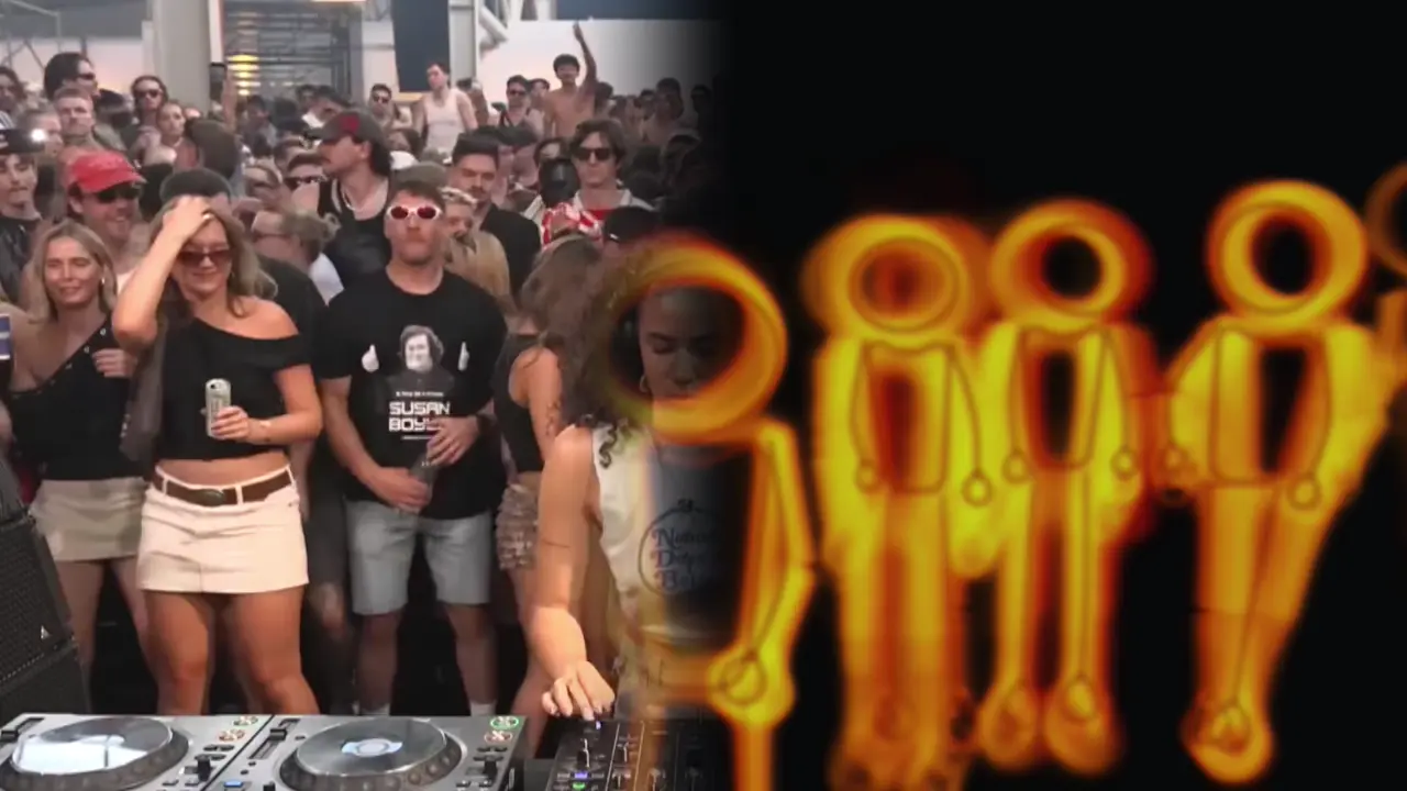 Early crowd-tracking experiment — a real crowd next to its glowing tracked figures