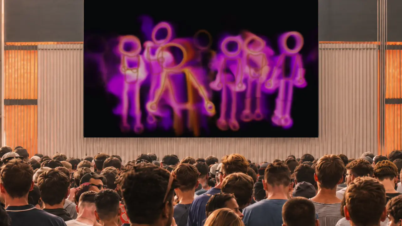 Motion Mirror — a dancing crowd rendered as neon fluid on a festival screen